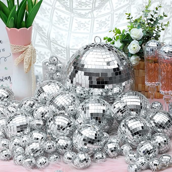 Funtery 100 Pcs Mirror Disco Balls Bulk Assorted Silver Hanging Disco Ball Decor for Home Wedding Birthday Dance Music 70 S Theme Party Christmas Tree Ornaments(1, 2, 3, 4, 6, 8)