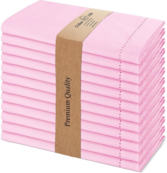Urban Villa Easter Cloth Napkins Hemstitch Solid Pink 100% Cotton Absorbent Dinner Napkins (Set of 12) 20x20 Inches Soft Durable Washable Reusable Ideal for Everyday Use Wedding Parties Cloth Napkins