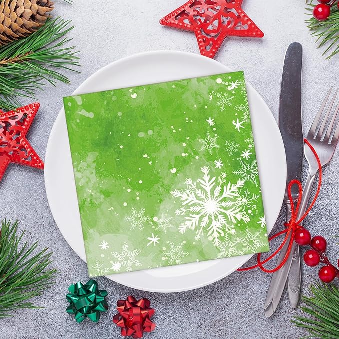 Christmas Paper Napkins Green, Snowflake, Watercolor 80 Pieces Party Disposable Paper Luncheon Napkins for Christmas, Happy New Year