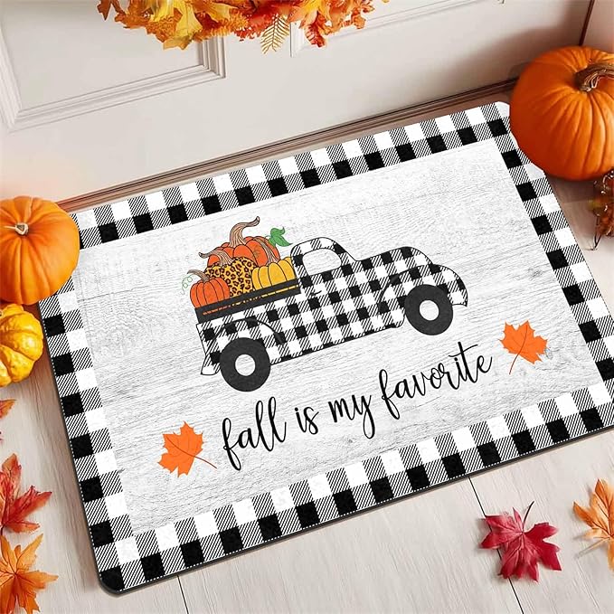 InterestPrint Thanksgiving Welcome Doormat, Fall Truck Harvest Pumpkin Doormat for Front Door Outdoor Outside Entrance Porch Non Slip Rubber Rug Autumn Thanksgiving Farmhouse Decor