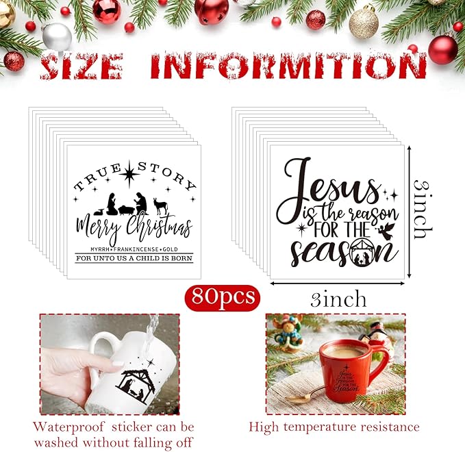 80Pcs Christmas Nativity Decals for Crafts Vinyl Christmas Word Stickers for Glass Jars Nativity Stickers Mason Jar Decals for Ornaments Ball Glass Cup Bottle Decoration(joy3in80)