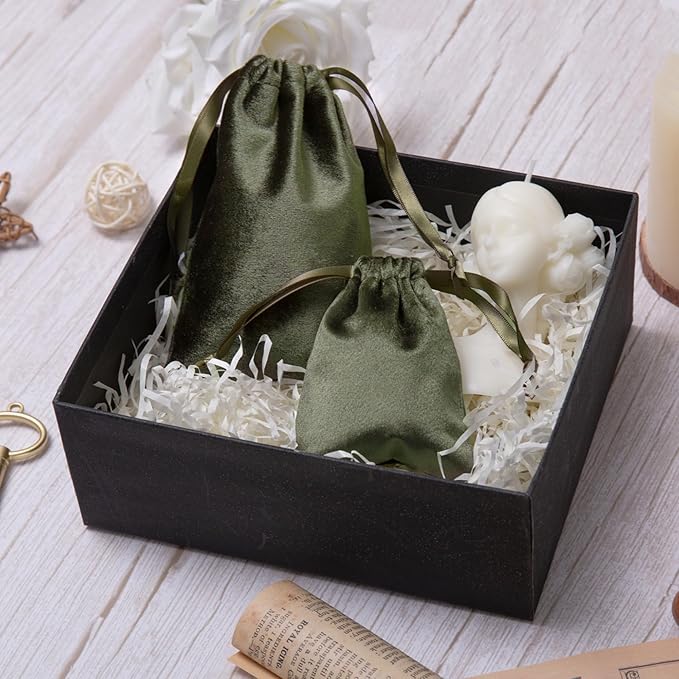 QIANF 12pcs Moss Green Velvet Drawstring Bags 4x6 inches Glossy Small Velvet Cloth Gift Bags Jewelry Pouches for Jewelry Storage Wedding Party Favor Christmas