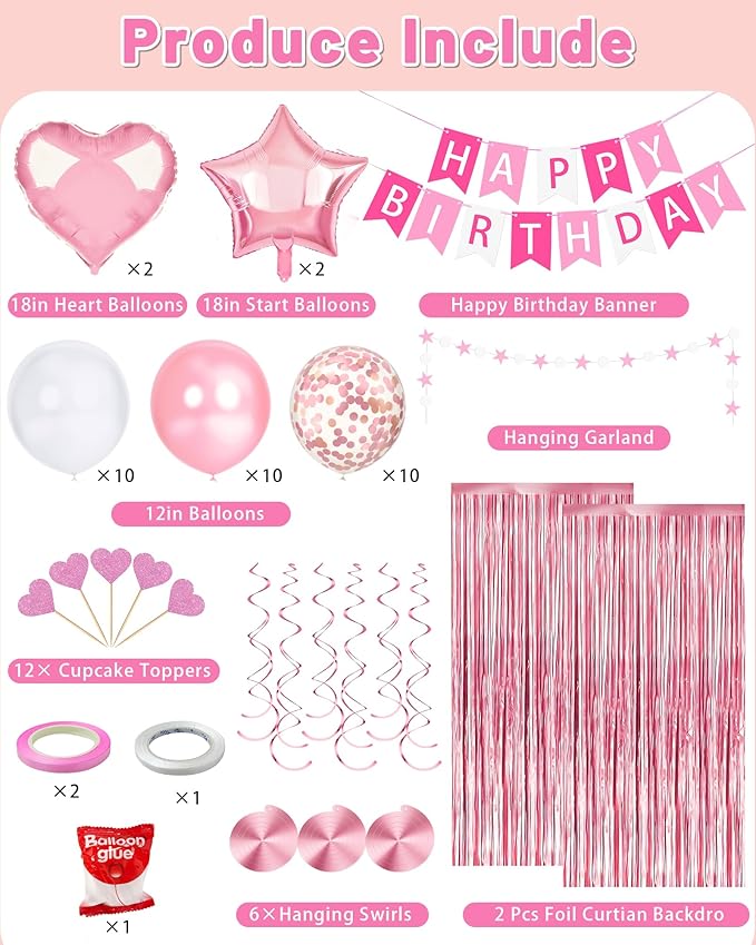 Pink Happy Birthday Party Decorations, Happy Birthday Banner, Pink Foil Heart Star Confetti Balloons Curtain Backdrop Hanging Swirls Butterfly Party Decor for Girls Women Princess