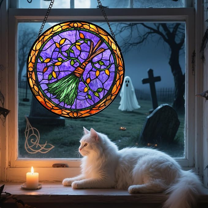 Stained Glass Window Hanging - Halloween Decorations Witch Magic Broom Suncatcher for Doors Garden Spooky Funny Purple Sun Catchers Gothic Decor Horror Gifts for Women Men Friend 6.3 in