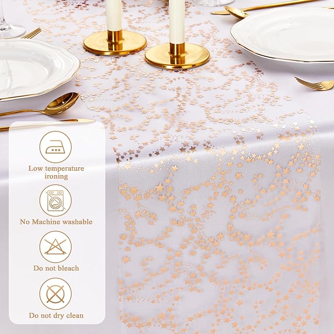 YATOJUZI Rose Gold Table Runner,16 Ft Star Sheer Chiffon Tulle Table Runner,Sequin Glitter Metallic Foil Rose Gold Table Decorations Centerpiece for Wedding Birthday Party