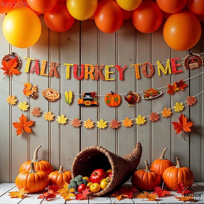 KatchOn, Talk Turkey to Me Banner - 10 Feet, 3 Strings, No DIY | Thanksgiving Turkey Banner for Thanksgiving Decorations, Friendsgiving Decor, Maple Leaf Garland for Party Supplies