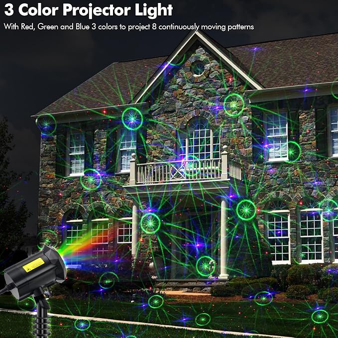 Poeland 8 Patterns Christmas Laser Projector Lights, Outdoor Garden Decorative Lights with Remote Control and Security Lock for Indoor Outdoor Home Garden (Red, Green, Blue)