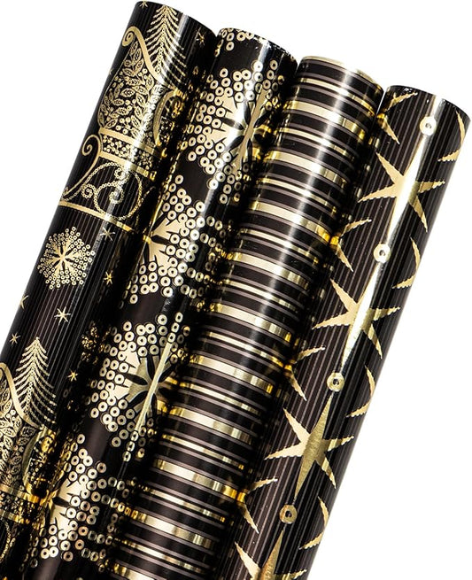 WRAPAHOLIC 30 Inch Christmas Wrapping Paper Roll - Jumbo Roll Black Gold Christmas Sleigh Holiday Design with Metallic Foil Shine - 4 Rolls - 30 Inch x 120 Inch Per Roll