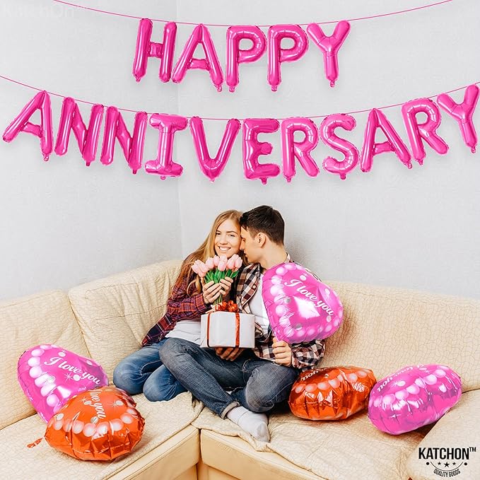 KatchOn Hot Pink Anniversary Balloons - 16 Inch | Pink Happy Anniversary Banner & Decorations