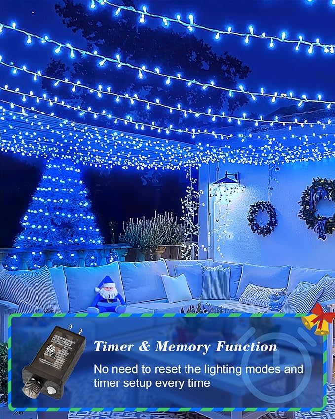 LED Christmas Lights, Extra Long Outdoor String Lights Waterproof, Timer & Memory, 8 Modes Dimmable Plug in Fairy for Outside Tree Wedding Patry (Blue, 125FT 380LED)