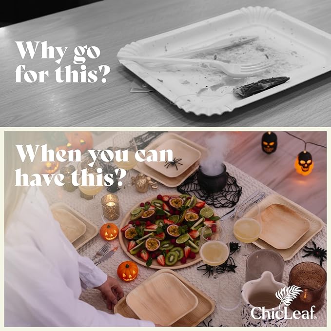 Chic Leaf All Natural Compostable & Disposable Rectangular 13" x 9" Palm Leaf Serving Tray for Events, Thanksgiving, Charcuterie Board, Catering & Weddings - Disposable Plates Party Supplies (10 pc)