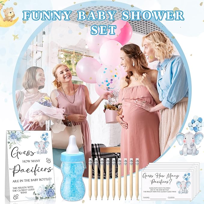 Roowest 512 Pcs Baby Shower Games Guess How Many Pacifiers Sign 100 Small Guessing Games 10 HB Pencils 750ml Milk Bottle 400 Acrylic Pacifiers Decoration for Guest Gender Reveal(Blue,Elephant)