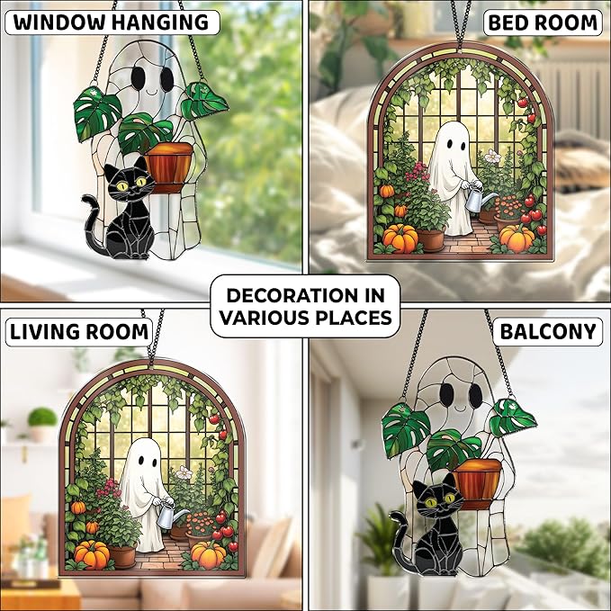 2 Cute Halloween Decoration Suncatchers, Spooky Cute Ghost Plant Window Hangings, Ghost with Black Cat Greenhouse, Pumpkin Ornaments Home Garden, Gifts for Mom, Plant Lovers, Women, Girl SS358