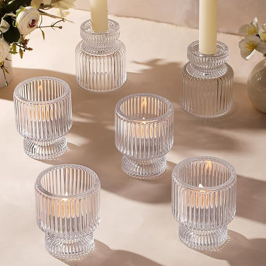 6 Pcs Clear Glass Candlestick Holders with Vertical Stripes - Dual-Use for Taper Candles & Votive/Tea Lights, Taper Candle Holders for Dining Table, Wedding, Home, Party Decor, Gifts