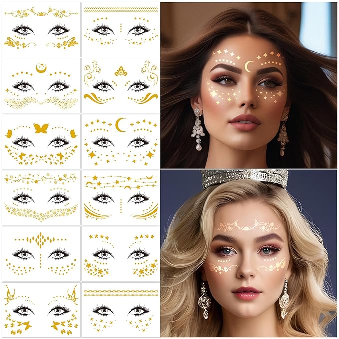 12 Pcs Gold Glitter Freckles Face Tattoo,Sparkle Makeup Patches Metallic Face Temporary Tattoos Stickers,Gold Face Freckle Tattoo for Women Girls Halloween Christmas Party Decor 638