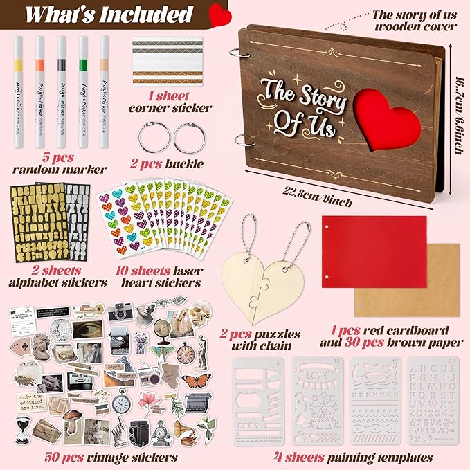 CY2SIDE Couples Photo Album Scrapbook - 111PCS The Story of Us Wooden Scrapbook Craft Kit Included Wood Cover Heart Puzzle Brown Paper Sticker and Template for DIY, Anniversary Dating Gift for Him Her