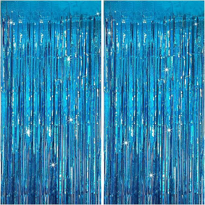 Tinsel Curtain Party Backdrop Blue Birthday Decorations 2 Packs Glitter Foil Fringe Curtain Party Decor Streamers Photo Booth for Birthday Christmas Wedding Halloween Graduation Decorations