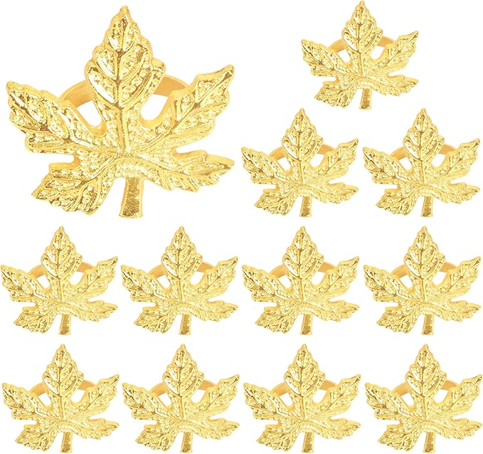 Elegant Handcrafted Leaf Napkin Rings - Set of 12 Premium Aluminum Holders for Dinner Parties, Weddings, Special Occasions & Everyday Dining (Gold) - CLEENTABLE