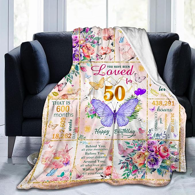 50th Birthday Gifts for Her Women, 50 Year Old Gifts for Women, Soft Purple Butterfly Flower Blanket for Anniversary Christmas, 50th Birthday Decorations for Woman, Warm Plush Fuzzy Blanket 60"x50"