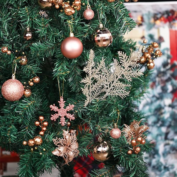 Sratte 94 Pcs Christmas Tree Decorations Set, Christmas Tree Ball Ornaments Glitter Poinsettia Flowers Decorations Glitter Berries Stems for Xmas Holiday Wedding(Rose Gold)