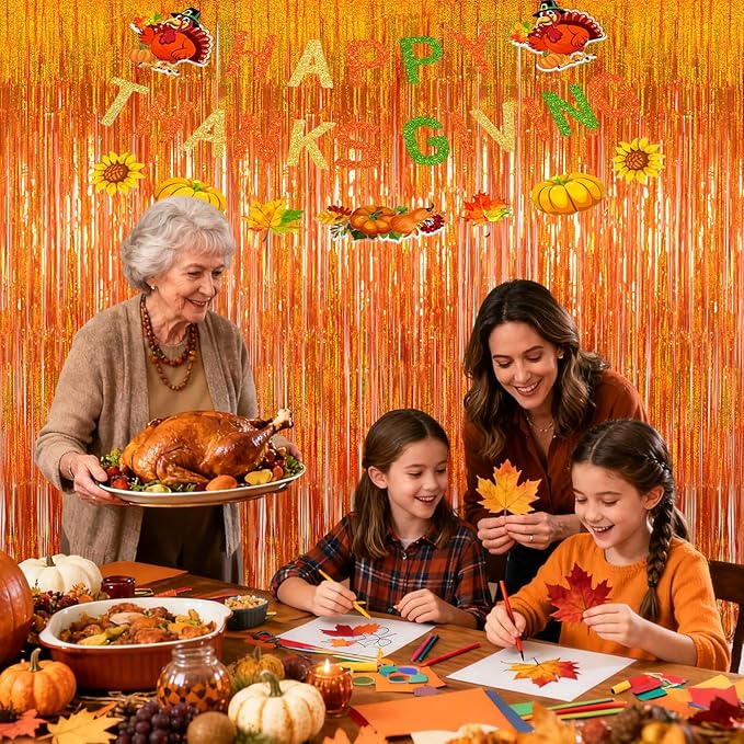 Reusable Foil Fringe Curtains Thanksgiving Decorations - Melsan 3 Pack 3.2 x 8.2 ft Tinsel Curtain Party Photo Backdrop for Birthday Party Baby Shower or Graduation Decorations (Orange)