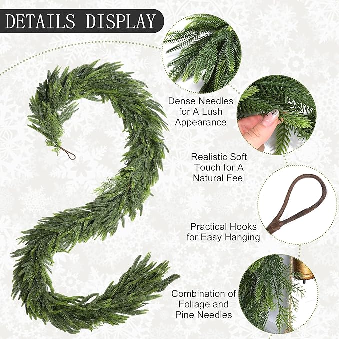Fovths 9 Ft Christmas Garlands with Lights and Bells Real Touch Norfork Pine Garland Artificial Greenery Garlands for Christmas Mantle, Table Indoor Outdoor Decorations, Green