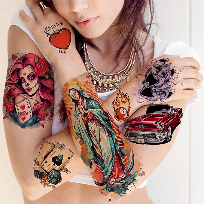 6 Sheets 3D Mexico Chicano Temporary Tattoos For Women Men Adults, Watercolor Guadalupe Tattoo Sticker, Prison Gangster Cholo Joker Chicana Halloween Tattoos Face, Tatuajes Temporales Autocolante