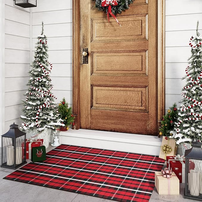 KIMODE Christmas Door Mats Outside 27.5"x43", Red and Black Buffalo Plaid Rug, Farmhouse Christmas Front Door Mat, Washable Reversible Outdoor Christmas Decor for Front Porch, Entryway, Kitchen