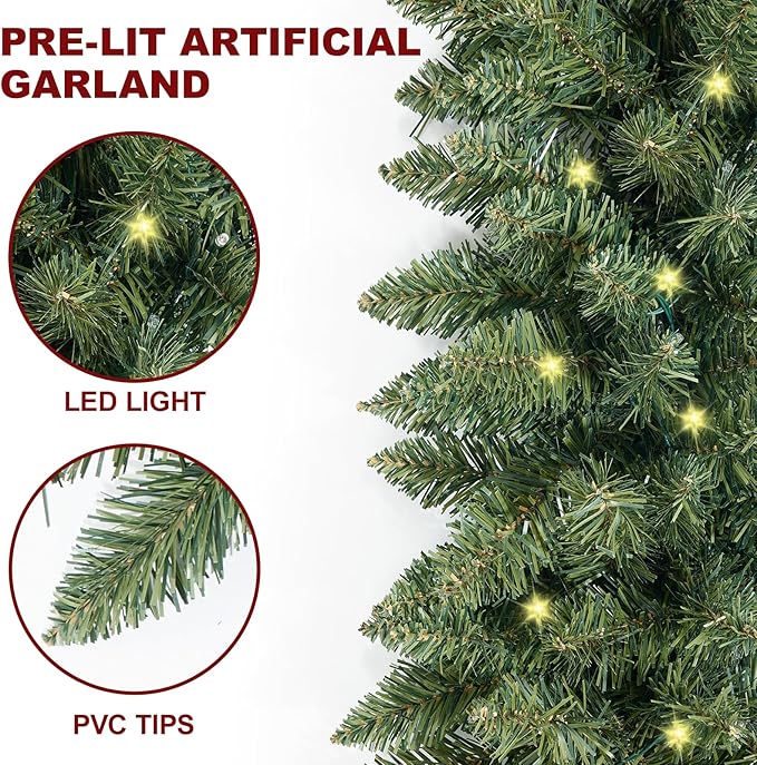 9 FT Pre-lit Christmas Garland Holiday Artificial 50 Led Light for Stairs Wall Door Indoor Outdoor Garland with Battery Operated Timer, for Home Decorations Fireplaces