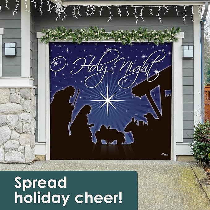 7' x 8' Peaceful O Holy Night Nativity Garage Door Banner - Designed to Move with Door | Sacred Christmas Single Garage Door Decoration