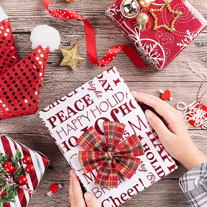 WRAPAHOLIC Christmas Wrapping Paper Set - Red and White Metallic Foil Shine Christmas Wrapping Paper Bundle with Gift Bow & Ribbon & Tag & Sticker