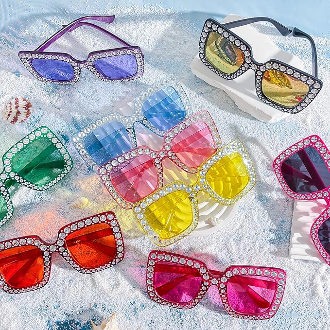 10/20 Pack Crystal Oversized Square Sunglasses Retro Diamond Glitter Sparkling Disco Glasses Party Favors