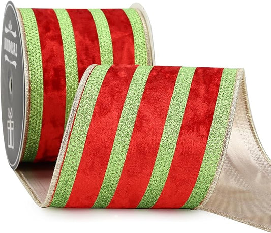 Red Velvet Wired Ribbon with Lime Green Glitter Stripe 4 Inch Extra Wide Crushed Velvet Christmas Ribbon, 10 Yards for Gift Wrapping, Crafts, Christmas Tree Decorations, Wreaths, Garlands