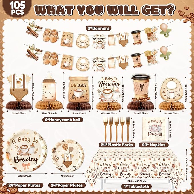 A Baby is Brewing Party Decoration - Serves 24-105Pcs Coffee Baby Shower Tableware Set Latte Honeycomb Centerpieces Disposable Plate Napkin Tablecloth Banner Gender Reveal Photo Prop