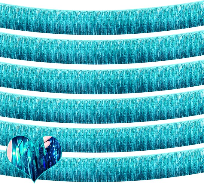6 Pack 10 Feet Foil Fringe Garland Metallic Tinsel Banner Wall Hanging Curtain Streamers Backdrop for Parade Floats Bachelorette Wedding Birthday Party Thanksgiving Christmas Decorations(Lake Blue)