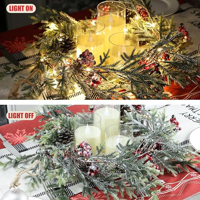 6 FT Christmas Garland with Lights - Pre-Lit Artificial Christmas Garland, Flocked Garland with Red Berries Pine Cones for Decoration, Mantle Stairs Railing Home Xmas Decoration Indoor