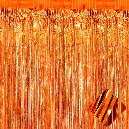 4 Pack Orange Foil Fringe Curtain Backdrop, 3.2Ft x 9.8Ft Metallic Tinsel Foil Fringe Streamers Curtains for Party, Photo Booth Prop, Birthday, Wedding, Christmas Party Decoration Supplies