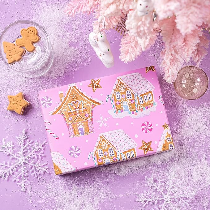 WRAPAHOLIC 30 Inch Jumbo Reversible Gingerbread Christmas Wrapping Paper - 30 Inch x 100 Feet Jumbo Roll Pink Gingerbread House and Snowflake with Embossed for Christmas, Holiday, Party Celebration