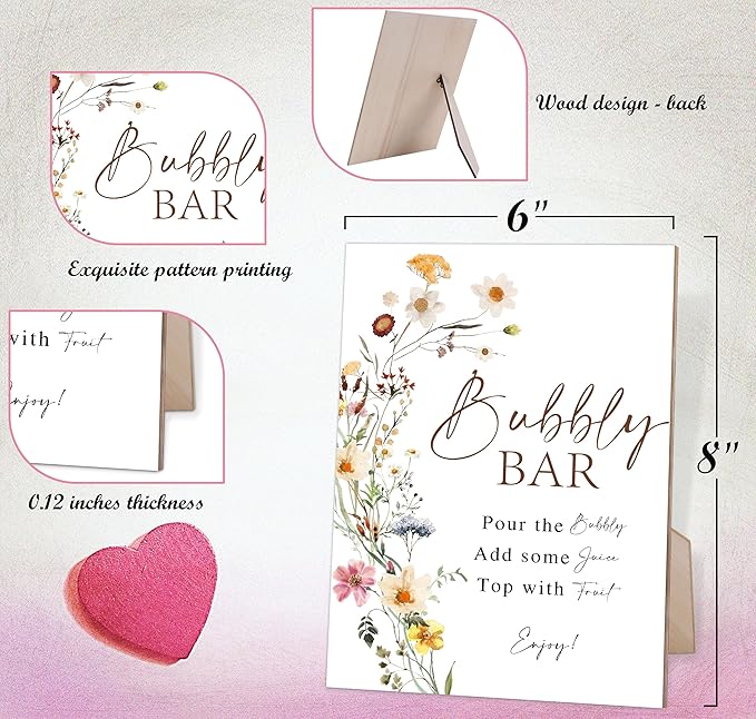 Flower Bubbly Bar Sign, Bubbly Bridal Shower Sign for Wedding, Champagne Party Decorations, Bridal Shower Decorations, Table Centerpieces for Party, 6X8 Inch Wooden Wedding Sign with Stand, 4