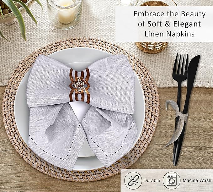 Ruvanti Premium Linen Napkins Set of 6-20x20 Inch, Classic Hemstitch, Mitered Corner Cloth Napkins ‎‎- Soft, Elegant Dinner Napkins Cloth Washable for Weddings, Parties, Everyday Use - Lavender Grey