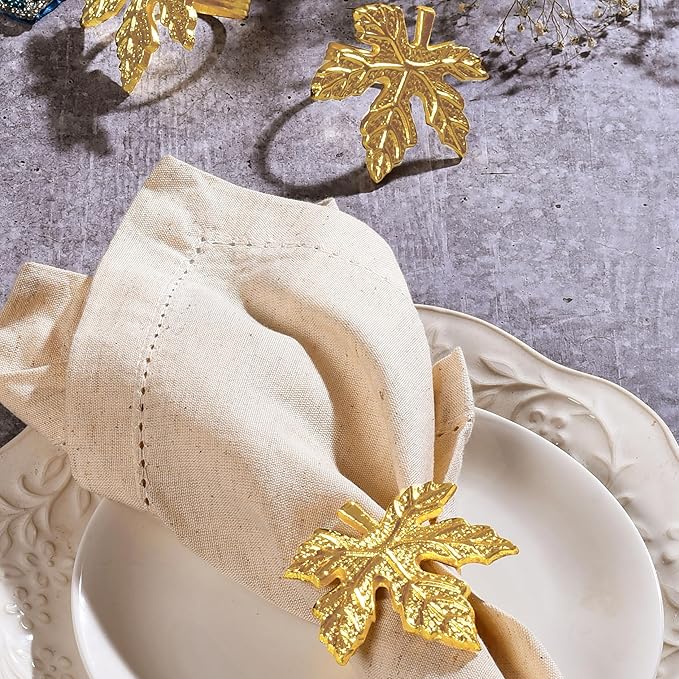 Elegant Handcrafted Leaf Napkin Rings - Set of 12 Premium Aluminum Holders for Dinner Parties, Weddings, Special Occasions & Everyday Dining (Gold) - CLEENTABLE