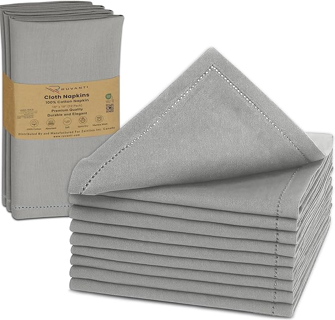 Ruvanti Cloth Napkins - 100% Cotton Dinner Napkins, Hem Stitched Corners, 18x18 Inch, 12 Pack - Soft, Absorbent, Durable, Reusable, Wrinkle Resistant for Formal Dining & Everyday Use - Wild Dove