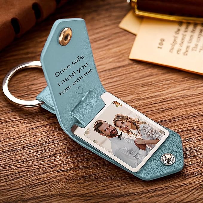 Personalized Photo/Text Leather Keychain for Men Womens Custom Picture Key Chains Memorial Gifts for Family Lover