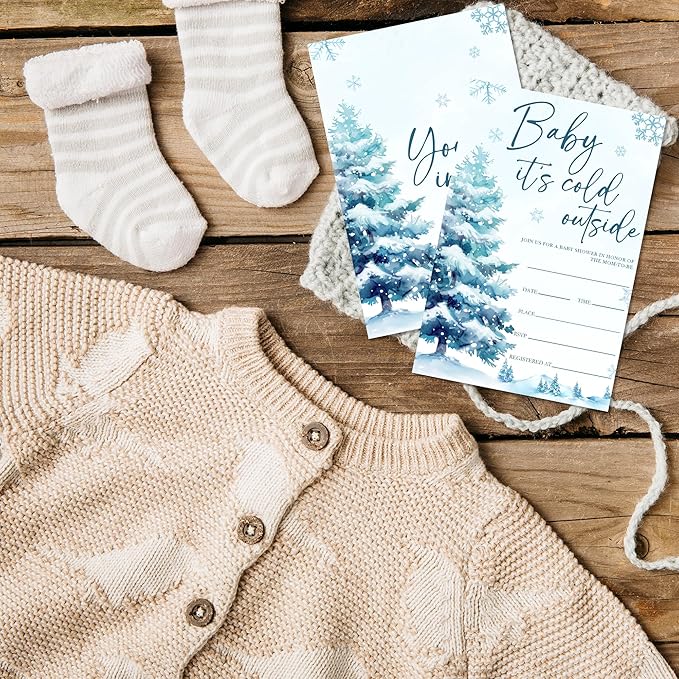 4'' x 6'' Baby It's Cold Outside Baby Shower Invitations - 25 Watercolor Tree Invited Cards with Envelopes - Winter Announcement Invites for Boys & Girls, Gender Reveal Party Supplies & Decor -A03