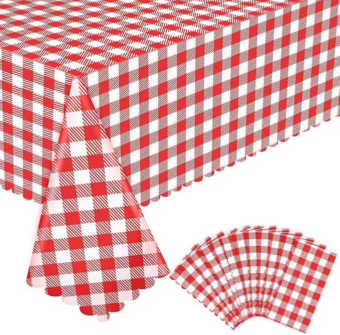 12 Pack Red and White Checkered Tablecloth, 54 X 108Inch Plastic Red Gingham Table Cloth Disposable Spring Picnic Tablecloth Waterproof Red Checkered Table Cover for BBQ Picnic Barbecue Birthday Party
