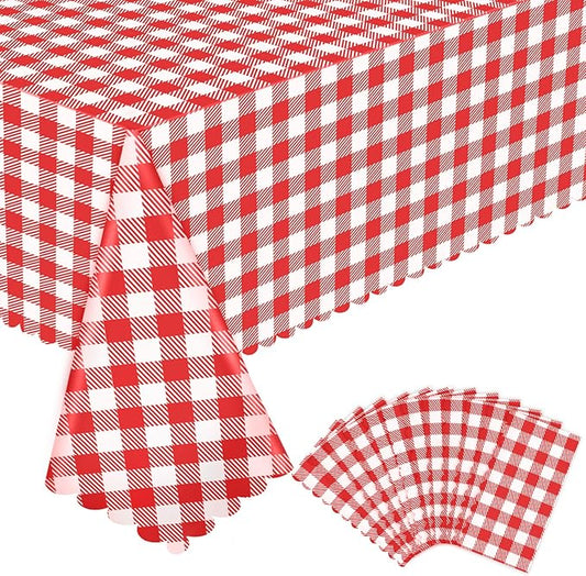 12 Pack Red and White Checkered Tablecloth, 54 X 108Inch Plastic Red Gingham Table Cloth Disposable Spring Picnic Tablecloth Waterproof Red Checkered Table Cover for BBQ Picnic Barbecue Birthday Party