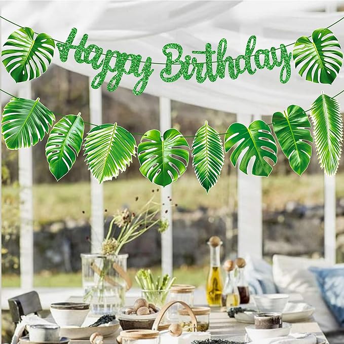 Tropical Birthday Decorations Green Palm Leaf Happy Birthday Banners Hawaiian Luau Birthday Decorations for Summer Theme Birthday Party Jungle Baby Shower Supplies