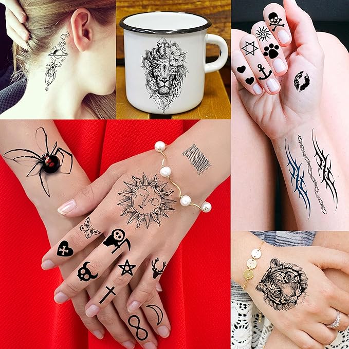 COKTAK 66 Sheets Small Black Animals Temporary Tattoos For Women Men Kids Finger Arm, Tiny Space Moon Halloween Tattoo Stickers Adults Teens Girls Boys Hands, Fake Tattoos That Look Real And Last Long