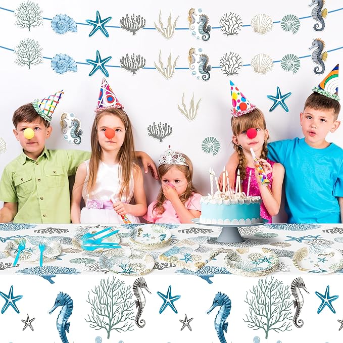 Ocean Seashell Party Decoration - Serves 24 - 112Pcs Nautical Coastal Beach Summer Party Supplies, Starfish Coral Disposable Plate Napkin Forks Tablecloth Banner Card, for Birthday Baby Shower