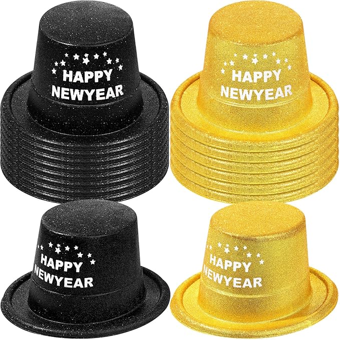 Hillban 50 Pack Glitter Top Hats Bulk Happy New Year Shiny Magician Top Hat for Adults Costume Party